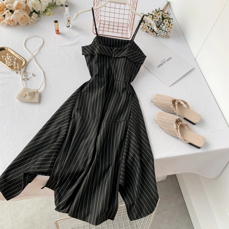 2019 Новая мода женские платья ассиметричное летнее с высокой талией в полоску