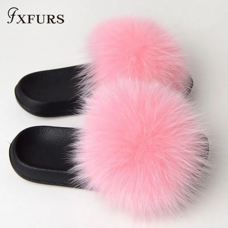 FXFURS/ г.; модные женские шлепанцы с лисьим мехом; сезон лето; пушистый мех; шлепанцы; пляжные скандалы; уличная ярмарка; шлепанцы; модная плюшевая обувь - Цвет: Розовый