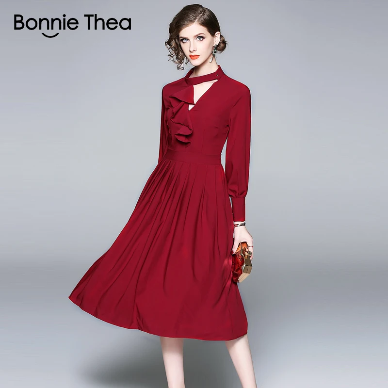Женское винтажное красное осеннее платье Bonnie Thea элегантное офисное женские