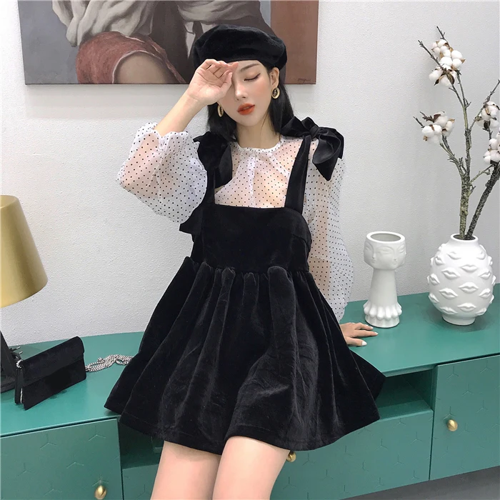 WHITNEY WANG/2019 г. весенне осенняя модная уличная блуза в горошек из 2 предметов милое