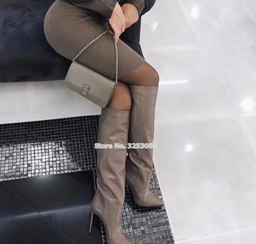 ALMUDENA/женские кожаные сапоги на шпильке кофейного цвета; сапоги до колена с острым носком; модная уличная модельная обувь; высокие сапоги-гладиаторы