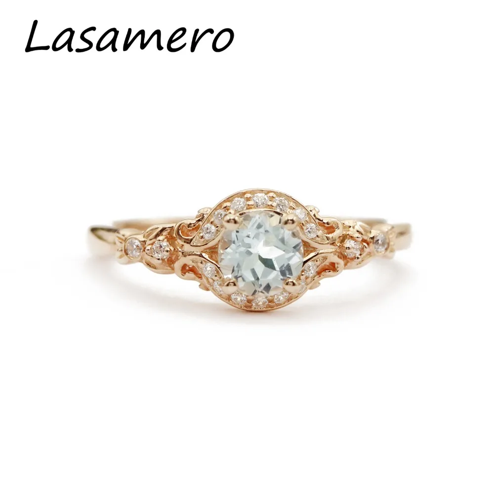 Lasamero Кольца для Для женщин 0.5ct круглая огранка Натуральный аквамарин центр 925