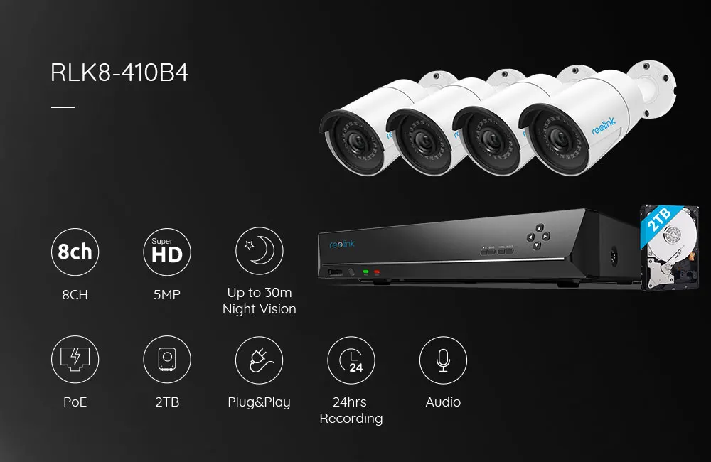 Reolink 5MP Poe камера системы 8ch PoE NVR и 4 ip-камеры с питанием по Poe пуля открытый HD видео аудио наблюдения комплект 2 ТБ HDD RLK8-410B4-5MP