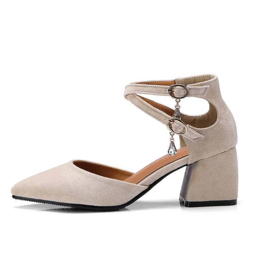 VINLLE 2020 Summer Spring Women Shoes Flock Square Med Heel Cross- Strap Pointed Toe Crystal Ladies Wedding Pumps Size 34-43 | Обувь