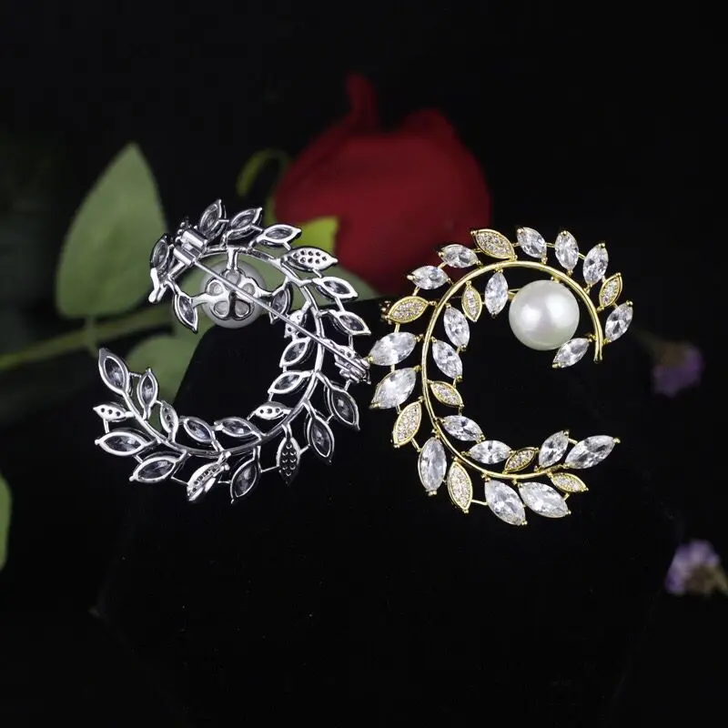 MxGxFam CZ Leaves and Pearl Brooches For Women AAA+ Cubic Zircon 18 k Yellow Gold Color | Украшения и аксессуары