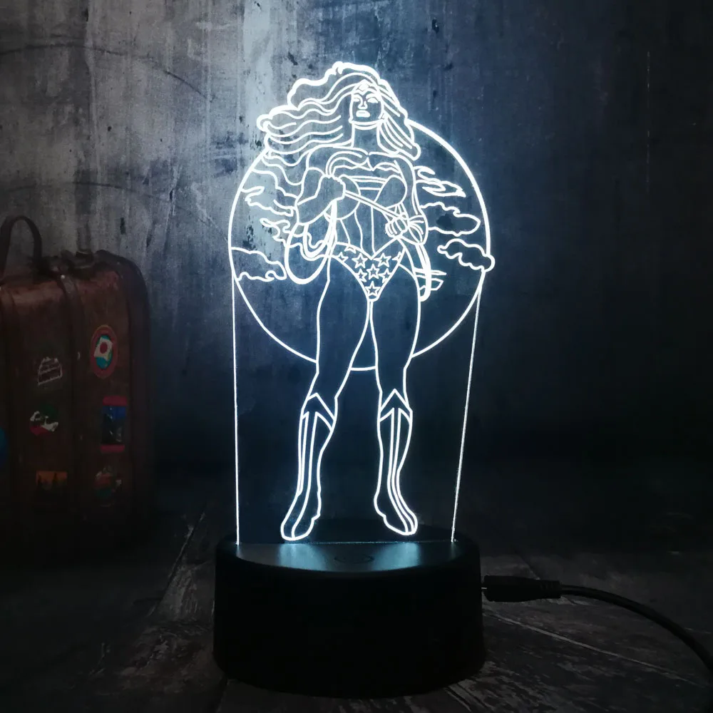 Новый Ночной светильник крутая чудо женщина DC Super Hero 3D LED RGB 7 цветов настольная