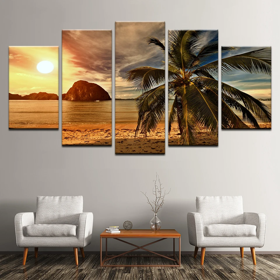 Home Decor HD печать плакатов фото 5 шт. тропический пляж Пальмы Закат Морской пейзаж