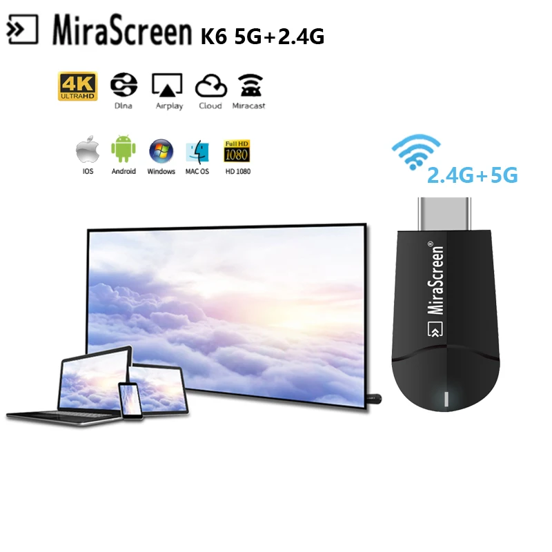 MiraScreen K6 ТВ палка 5G 4K HDMI совместимых с Miracast обмена потоковыми мультимедийными