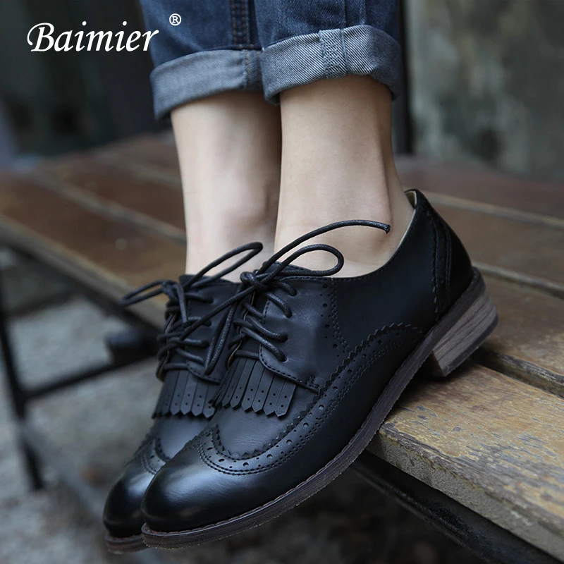 Baimier/Винтажные женские туфли-оксфорды в британском стиле; женские оксфорды с круглым носком на шнуровке; коллекция года; сезон осень-зима; женские кожаные туфли на плоской подошве