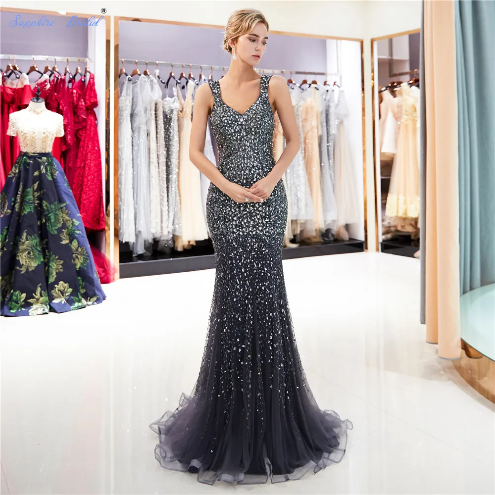 

Sapphire Bridal 2019 New Sexy Sparkly Long Formal Gowns Vestido De Festa Sexy Grey Gold Huge Beaded Back Illusion Evening Dress