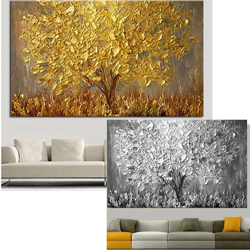 

Top art Handpainted Knife Trees Oil Painting On Canvas Palette Golden Yellow Paintings Modern Abstract Wall Art Home Decoration