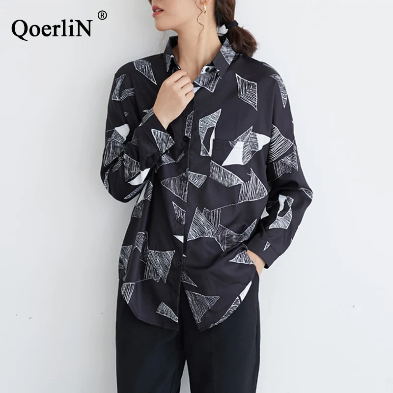 QoerliN 2019 модный принт шифоновая блузка женская рубашка с длинным рукавом плюс