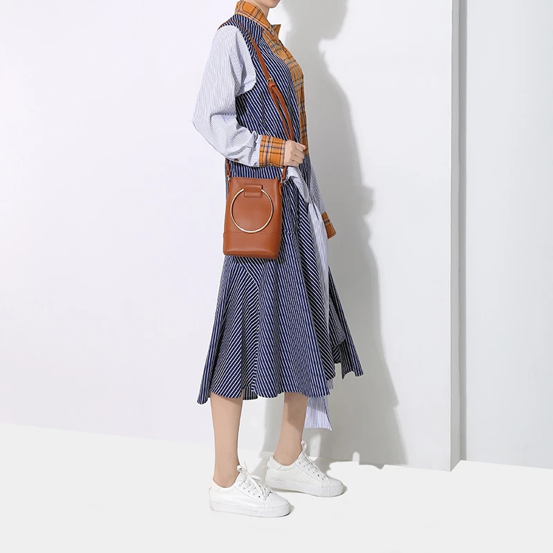 2019 Korean Style Women Spring Blue Striped Patchwork Shirt Dress Sashes Long Sleeve A-Line Female Casual Robe Femme 4653 | Женская