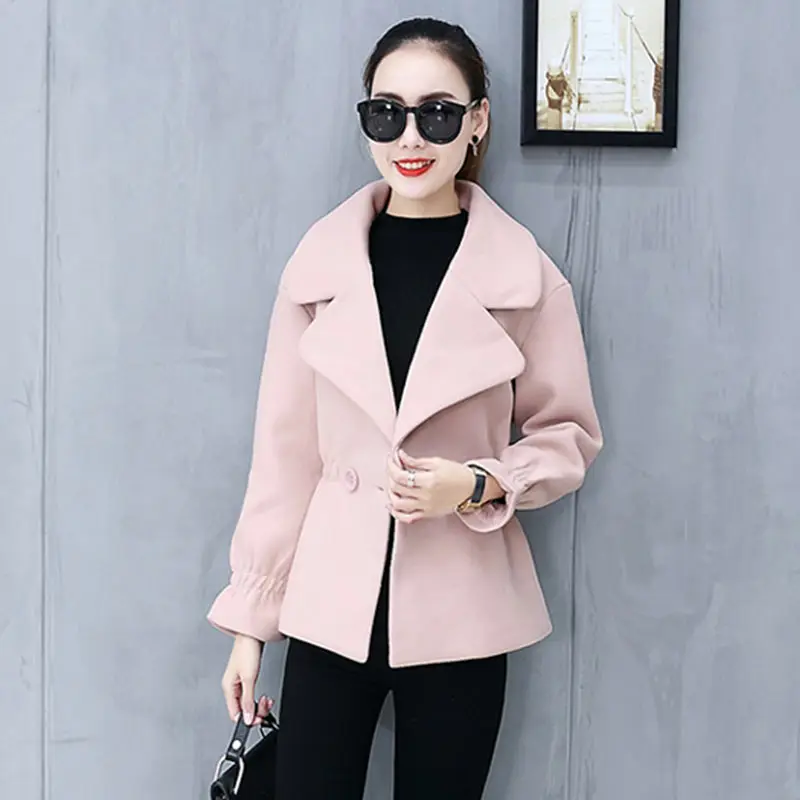 Autumn Winter Women Large Size Short Wool Coat Jacket New Slim Trumpet Sleeve Lapel Womens Overcoat Leisure Female Parkas WZ420 | Женская