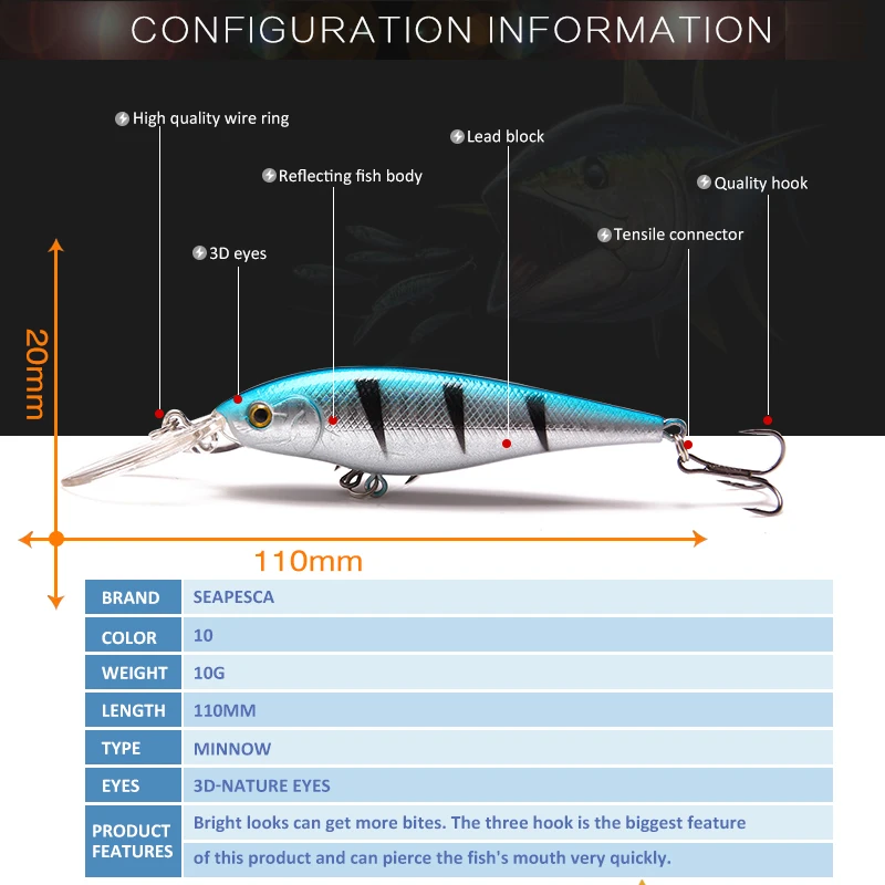 SEAPESCA 10 цветов длинная губа Горячая Pesca Isca гольян рыболовная приманка 110 мм г/90 7 г