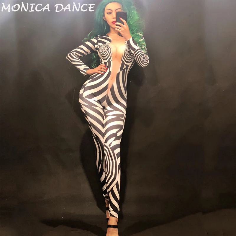 

Women Sexy Stage Nightclub DjDs Jumpsuit 3D Printed Zebra Pattern Bodysuit Nightclub Party Celebrate Dancer Singer Stage Wear
