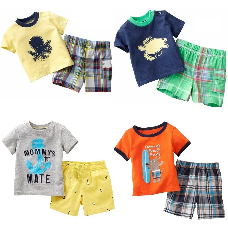 Sea Animal Boy T-Shirt Pant Suits Summer Children 2-Piece Clothes Set Beach Sailor Anchor Kids Outfit Sport Suit 100% Cotton Top |