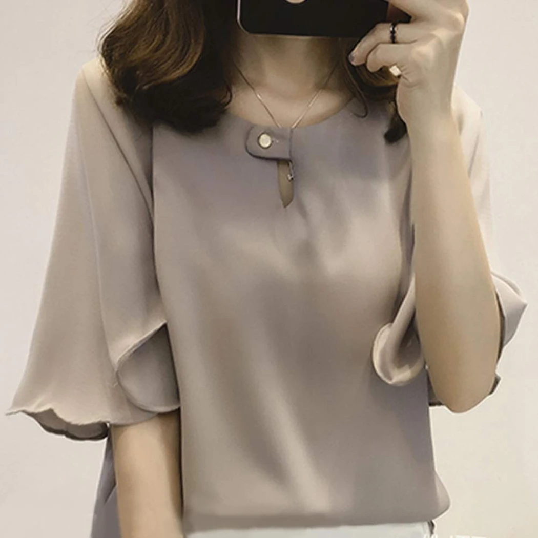 Plus Size Summer Chiffon Blouse Korean Style Women Loose Short Sleeve Shirt Elegant Ladies Solid White Gray Pink Tee Tops Blusas |