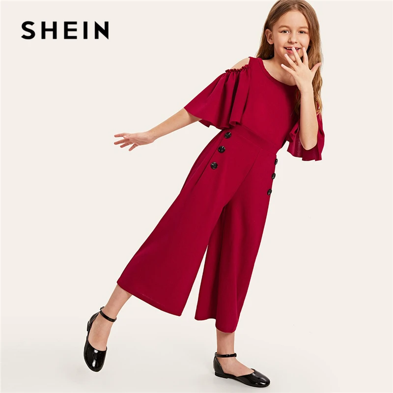 SHEIN/детский однотонный повседневный комбинезон с открытыми плечами и пуговицами сбоку для девочек; коллекция года; сезон лето; свободные длинные Комбинезоны на молнии с рукавами-воланами