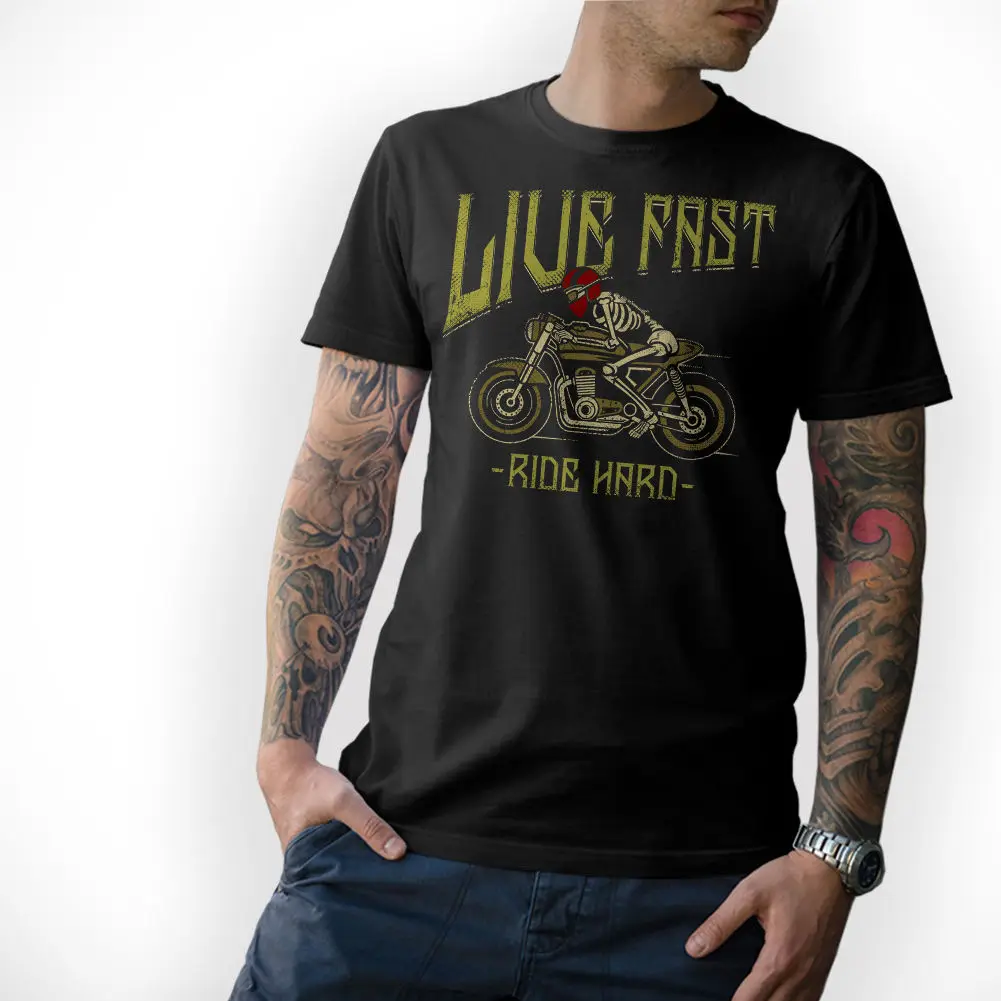 

Fashion Cool Casual T Shirts BIKER T-Shirt -LIVE FAST- Motorrad Cafe Racer Totenkopf Streetfighter Bobber MC Summer Tee Shirt