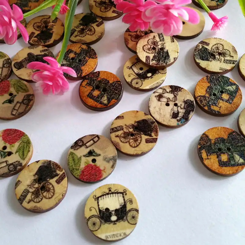 

50pcs 20mm Wooden Buttons Scrapbooking Round At Random Classic Car Series 2Holes Craft Flatback Scrapbooking Accessories botones