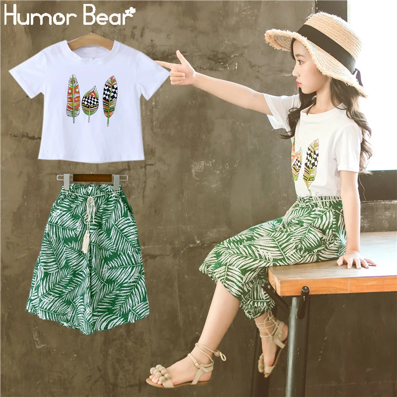 Humor Bear/Новая модная летняя одежда для девочек футболка с короткими рукавами и принтом Топ+ шорты комплект детской одежды из 2 предметов для девочек От 4 до 14 лет
