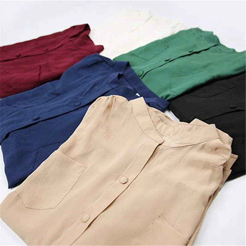 100% натуральный шелк блузки OL сплошной цвет длинный рукав Шифоновая Блузка Топы