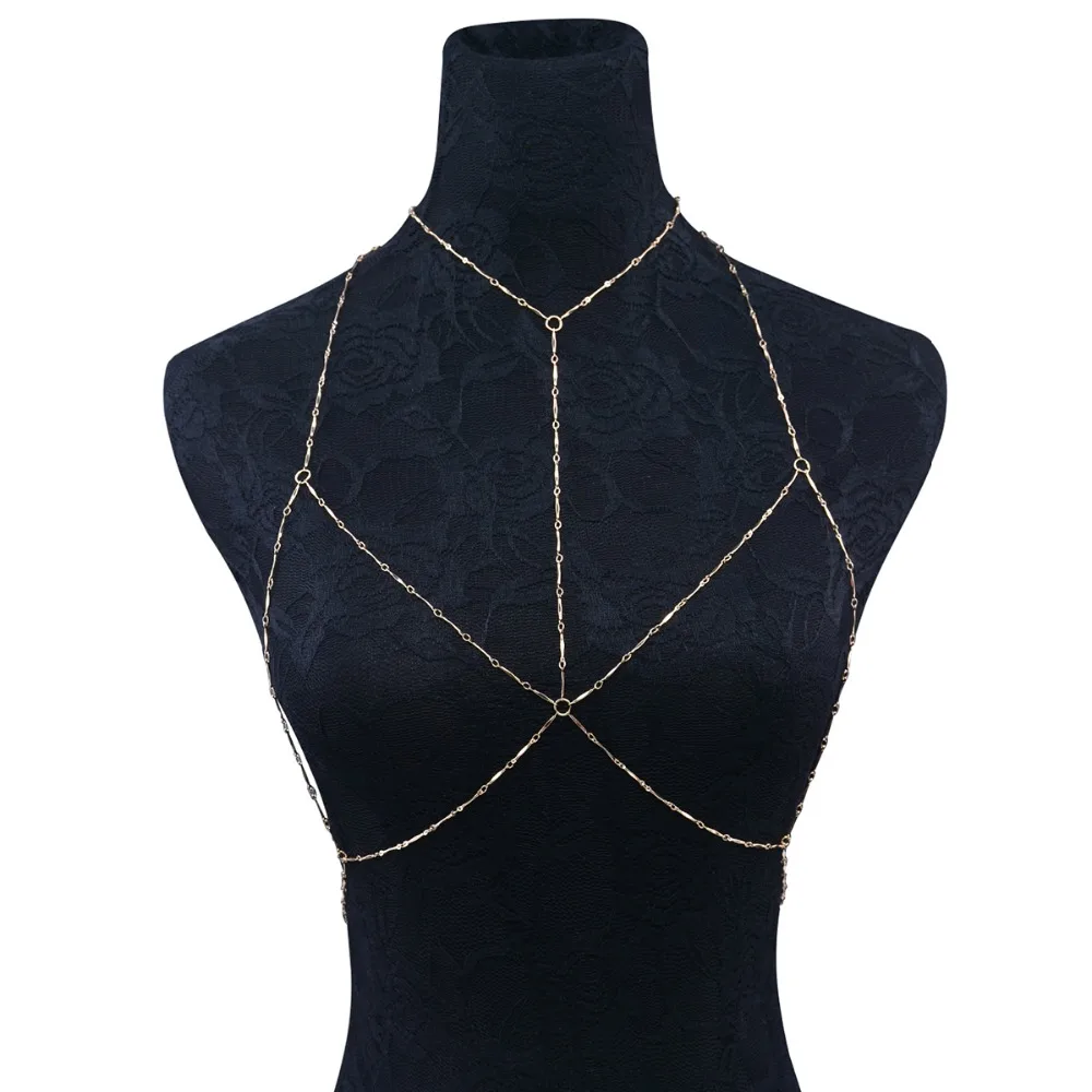 

Boho Fashion Net Grid Joint Chain Harness Necklace Gold Color Bra Women Jewelry Sexy Bikini Metal alloy Simple Body Chain