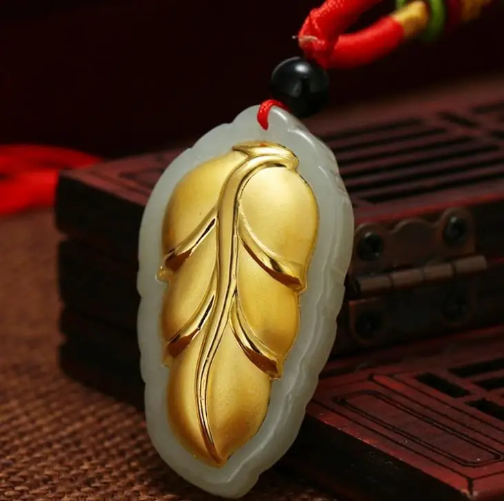 Exquisite Hetian jade 3D gold leaf pendant h11# | Украшения и аксессуары