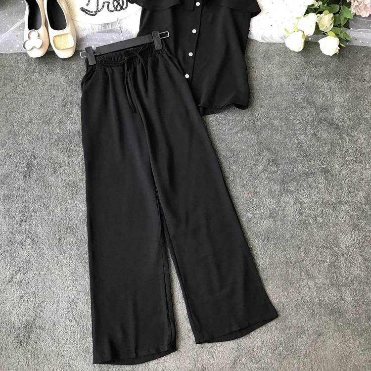 ALPHALMODA/ летний однобортный Топ с оборками+ широкие брюки, Женский повседневный комплект из 2 предметов, женские летние однотонные штаны, костюмы