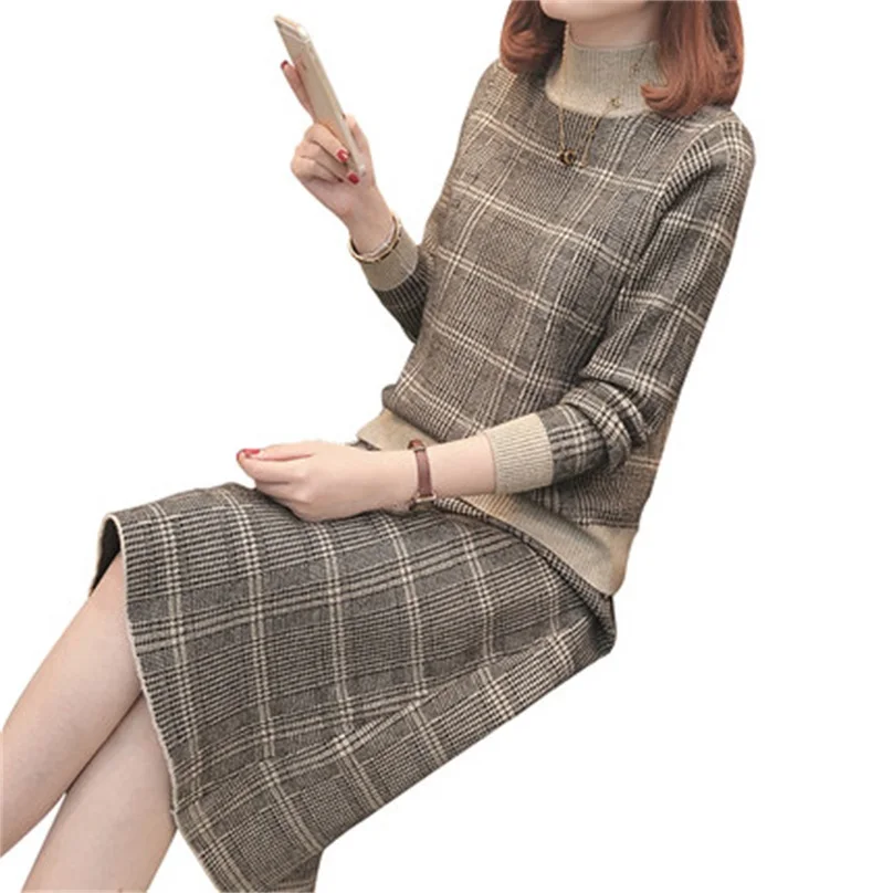 

Sweater with a skirt two-piece Spring and Autumn new Korean temperament loose knit sweater skirt suit women's plaid