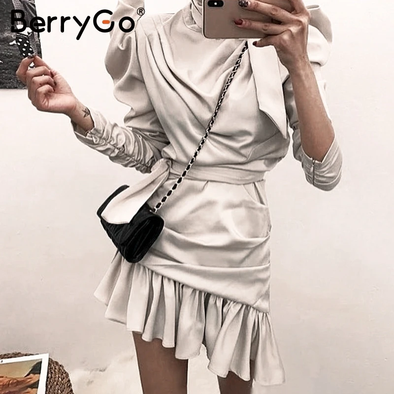 Silver BerryGo, элегантное атласное платье с рюшами, женское, с длинным рукавом, с рюшами, с завязками на шее, женские короткие платья, вечерние, Клубные, с поясом, дамские платья - Цвет: Silver
