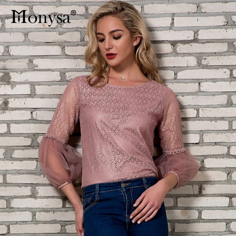 Кружевная блузка Для женщин 2018 новые летние поступления мода Фонари рукавом Топы