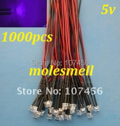Free shipping 1000pcs 5mm Flat Top purple LED Lamp Light Set Pre-Wired 5mm 5V DC Wired 5mm 5v big/wide angle uv/purple led