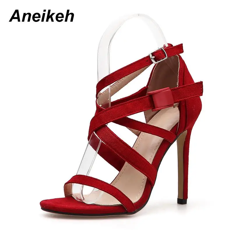red Aneikeh/Новинка года; сандалии-гладиаторы; женские босоножки на высоком каблуке; женские пикантные вечерние туфли из флока на тонком каблуке с перекрестной шнуровкой и открытым носком; Цвет Красный - Цвет: red