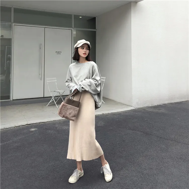 Harajuku уличная трикотажная юбка осень зима Корейская мода универсальная Сплит миди Faldas Mujer однотонные черные юбки женские