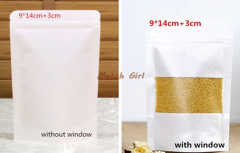 

100pcs/lot-9*14cm+3cm Small size Stand Up White Kraft Paper Zipper Bag Coffee Bean Tea Powder Food Party Gift Packaging Bags
