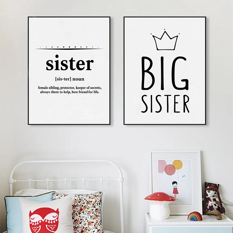 

Sister Quotes Black and White Painting Cartoon Girls Room Decor Canvas Posters and Prints Nordic Decoration Home Wall Picture
