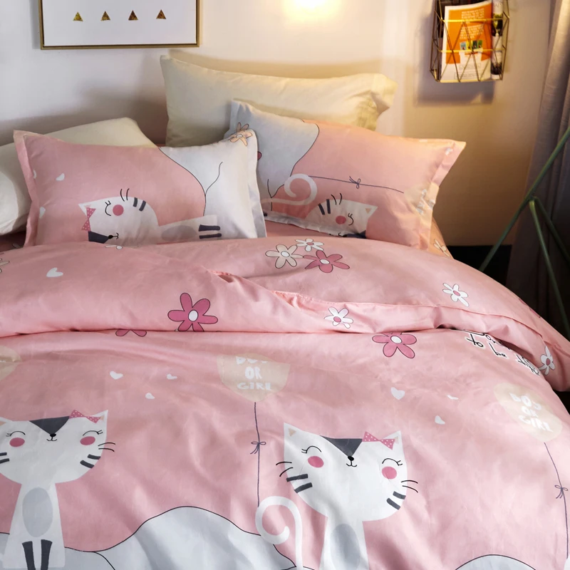 Cartoon Cute Kitten Pattern Bedding Sets Set Polyester Fabric Reactive Printing Hot Sale Comforter Bed Queen Size 3/4Pcs | Дом и сад