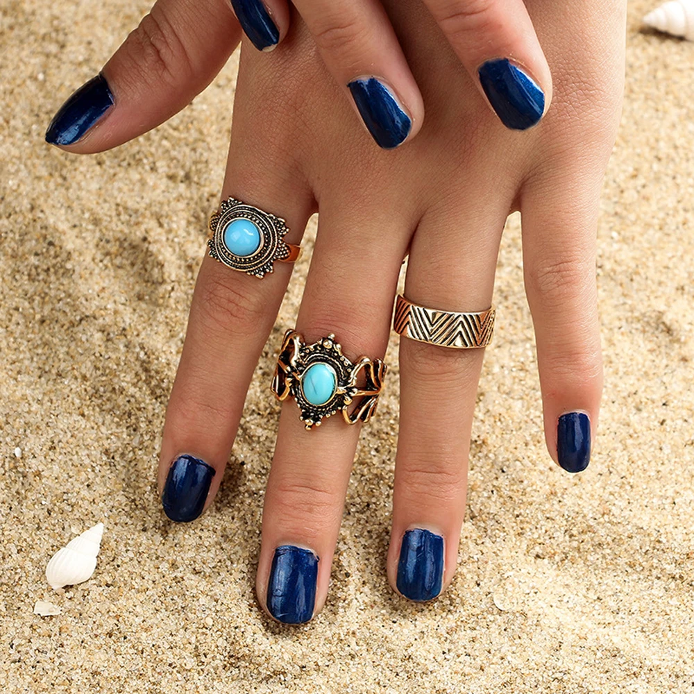 Jufee New Fashion 3Pcs/Set Bohemia Ethnic Antique Gold-Color Rhombus Shape With Blue Stone Rings Set For Women Accessories | Украшения и