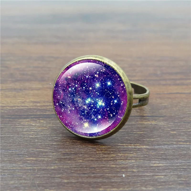Vintage female ring Galaxy Space Glass Cabochon Fashion Jewelry Ancient bronze Adjustable Rings for Women Gifts | Украшения и