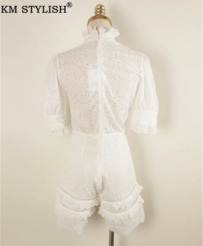 

2019 Summer June New Slim French Openwork White Playsuits V-neck Ruffled Trumpet Sleeve High Waist Casual Jumpsuit
