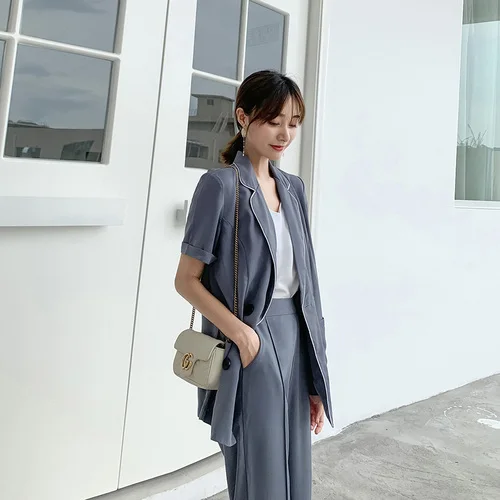 Серо-синие женские комплекты одежды блейзеры модные двубортные с коротким