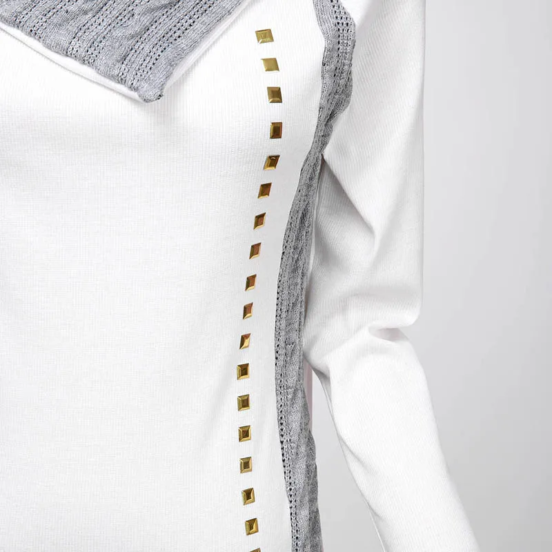 Женская рубашка с длинным рукавом отложным воротником и заклепками|hoodies women|long