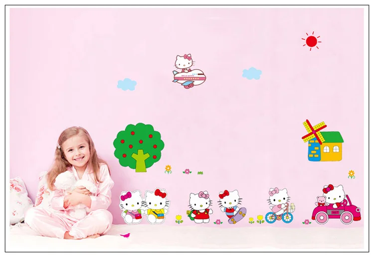 lovely girl Hello Kitty 4 children bedroom kindergarten TV setting Wall stickers Early education Decorative | Дом и сад