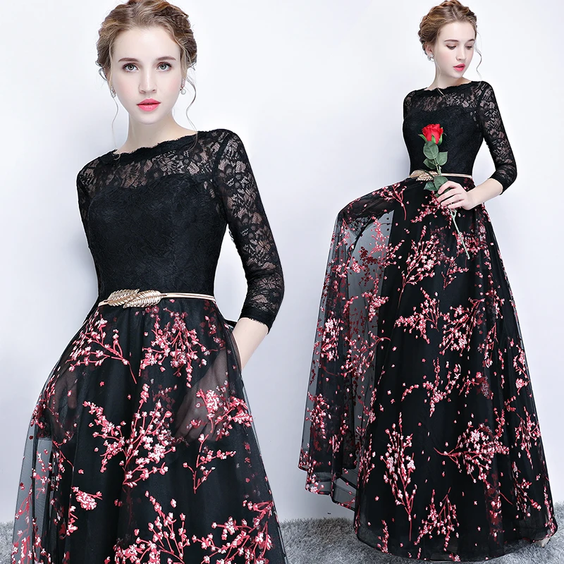 SSYFashion, новинка, платье для банкета, выпускного вечера, невесты, простое, черное, кружевное, сшитое, с 3/4 рукавами, длинное, вечернее, вечернее платье, Robe De Soiree