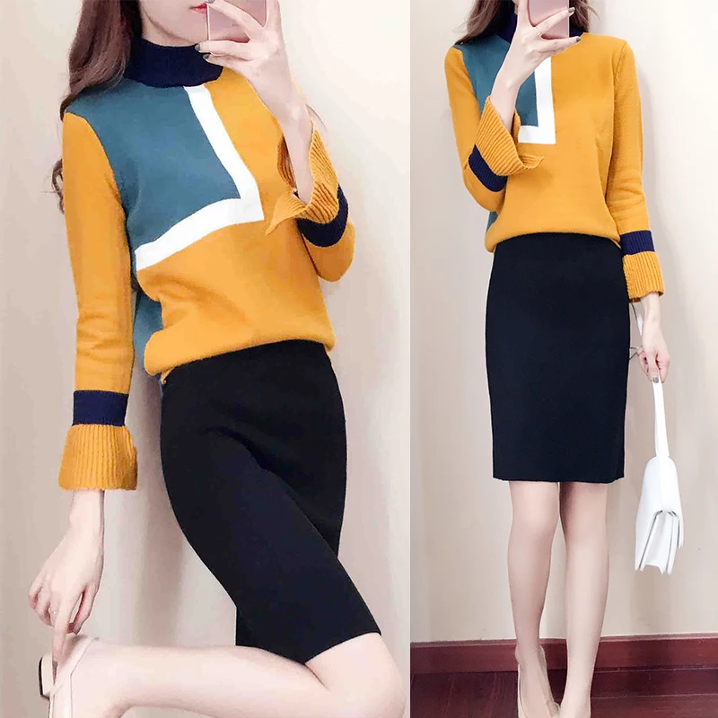 Зимняя женская трикотажная блузка свитер юбка костюм из двух предметов женские