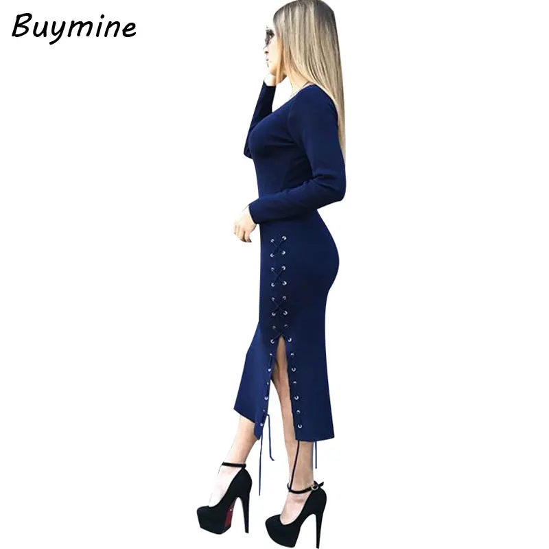 Side Split Knitted Sweater Dress Fashion Metal Eyelet Bandage Dresses Lengthened Autumn Winter Slimming in | Женская одежда