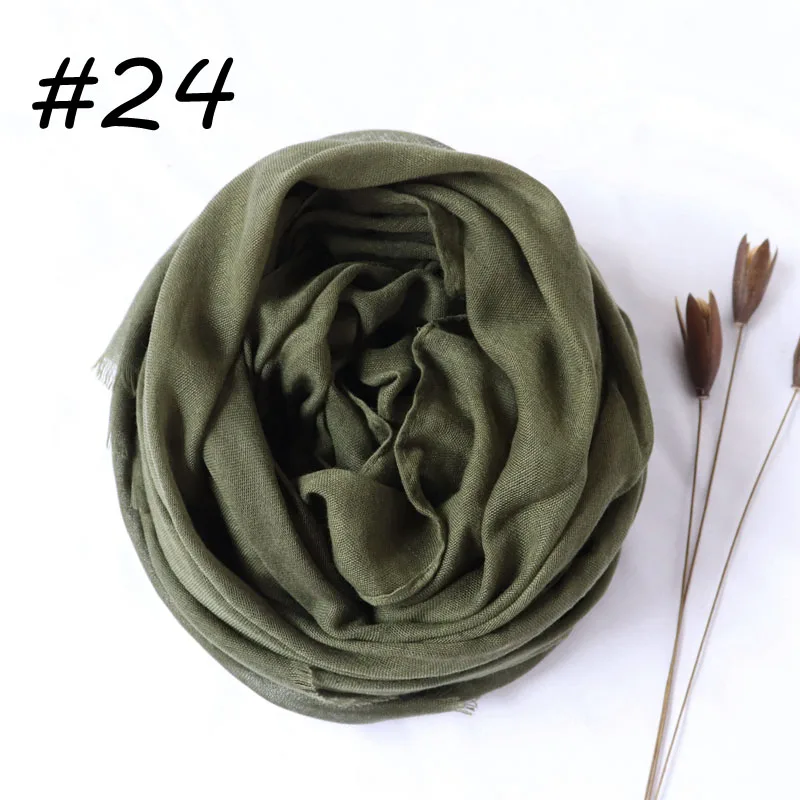 24 army green Новые Женские однотонные Макси хиджаб шарфы оверсайз Исламские шали головные обертывания длинные мусульманские потертые натуральные хлопковые смеси хиджабы - Цвет: 24 army green