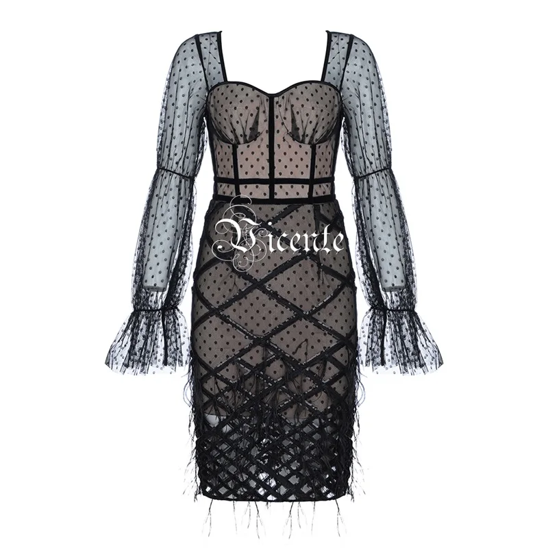Vicente HOT Chic Square Geometric Tassels Sequins Dot Design Long Sleeves Celebrity Party Wear Mesh Dress | Женская одежда